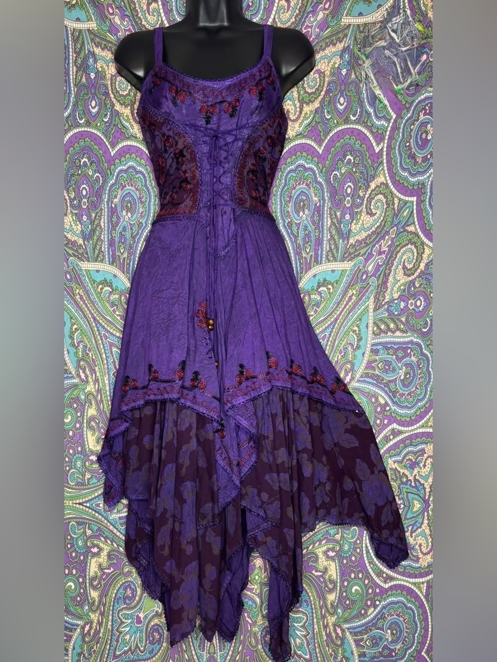 NWT Purple Bohemian Handkerchief Hem Dress Fairy Gypsy Floral OSFM Corset Lace